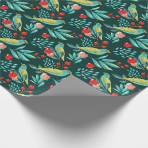 Wasserfarbe-Vögel, Moosbeere u. Grün-Weihnachten Geschenkpapier