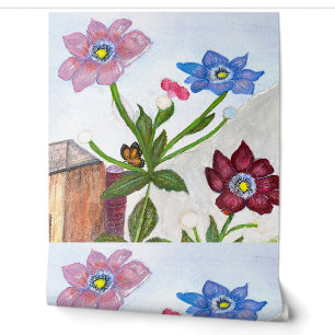 Wasserfarbe von Blume mit Schmetterlingsruhelage Tapete
