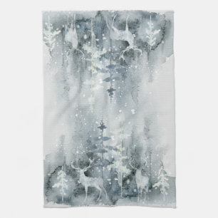 Wasserfarbe, Wald, Hirsche, Schnee, Bäume Küche Geschirrtuch
