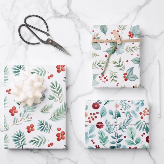 Wasserfarbe Weihnachtskiefer und Beeren Weihnachte Geschenkpapier Set (Vorderseite)