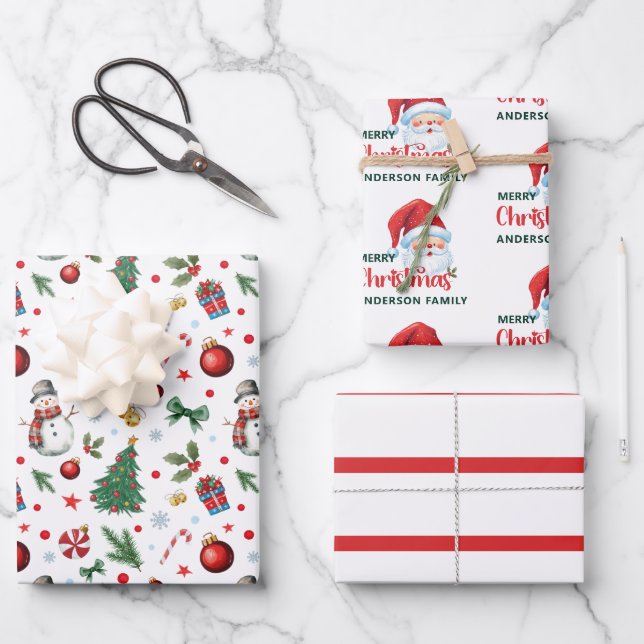 Wasserfarbe Weihnachtsmuster mit Namen Geschenkpapier Set (Vorderseite)