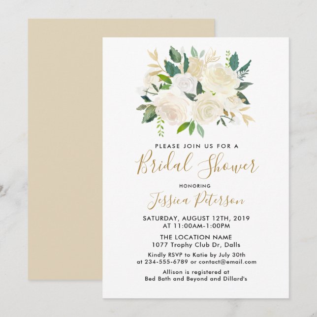 Wasserfarbe Weiße Blume Brautdusche Einladungen (Vorne/Hinten)