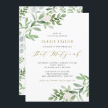 Wasserfarbe Weiße Blume und Grüne Bat Mitzvah Einladung<br><div class="desc">Laden Sie Familie und Freunde mit dieser whimsical grünen Einladung ein. Diese Fledermausmitzvah-Einladung enthält Aquarellbilder für grünes Blattwerk und weiße Blume sowie ein passendes Grünmuster mit Goldschrift. Personalisieren Sie diese durch Hinzufügen von Namen, Datum, Uhrzeit, Veranstaltungsort und anderen Veranstaltungsdetails. Diese Einladung ist ideal für Frühjahr und Garten Fledermaus Mitzvahs. Wählen...</div>