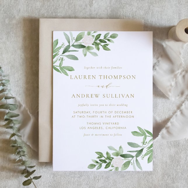 Wasserfarbe Weiße Blume und Grüne Hochzeit Gold Einladung (Watercolor White Flowers and Greenery Gold Wedding Invitation)