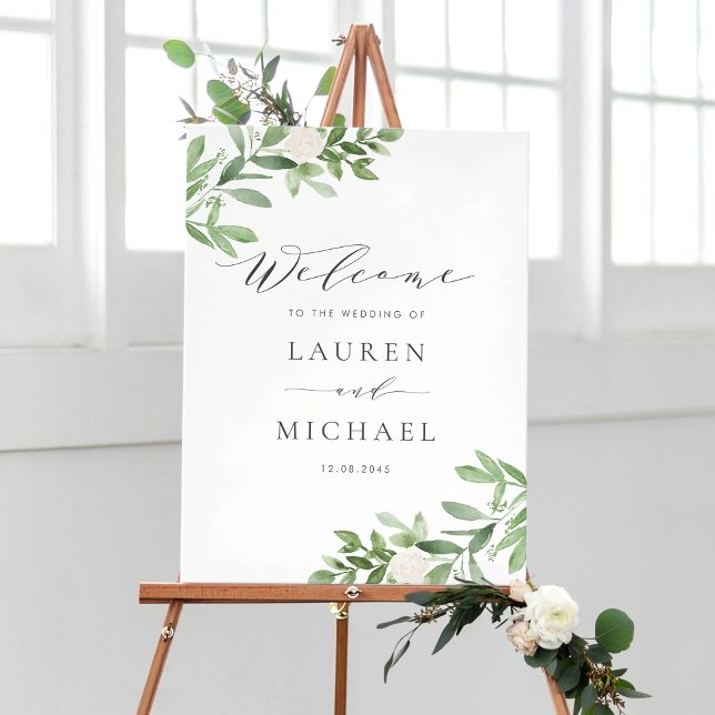 Wasserfarbe Weiße Blume und Grüne Hochzeit Poster (Customizable botanical wedding welcome sign featuring watercolor greenery and white flowers)