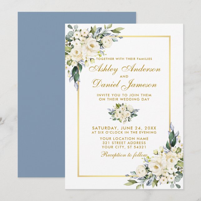 Wasserfarbe Weiße Blütenblüte Blauer Hochzeit Gold Einladung (Vorne/Hinten)