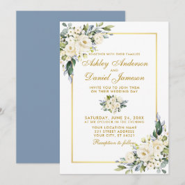 Wasserfarbe Weiße Blütenblüte Blauer Hochzeit Gold Einladung