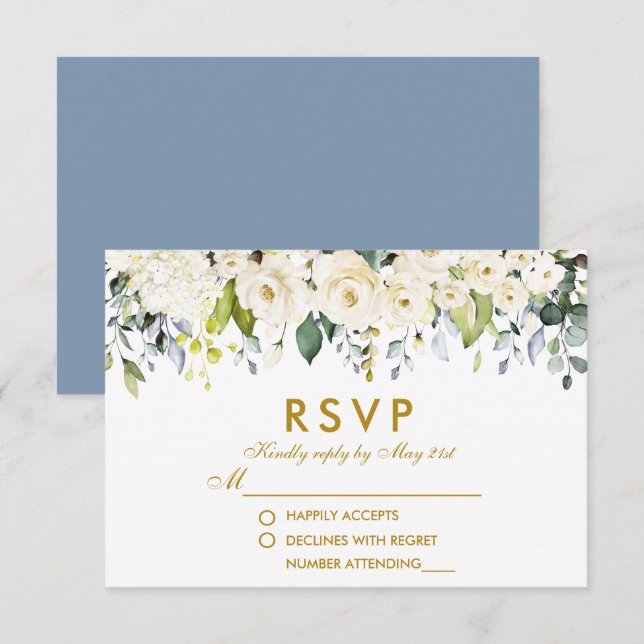 Wasserfarbe Weiße Blütenblüte Blauer Hochzeit Gold RSVP Karte (Vorne/Hinten)