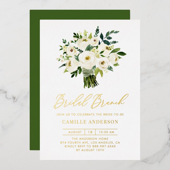Wasserfarbe Weiße Flora Bouquet Bridal Brunch Folieneinladung (Vorderseite/Rückseite)