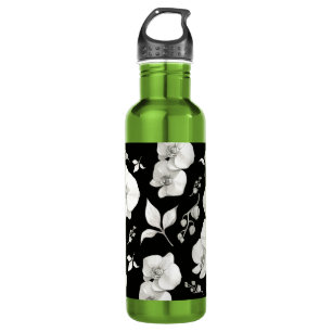 Wasserfarbe Weiße Orchidee, schwarz   Edelstahlflasche