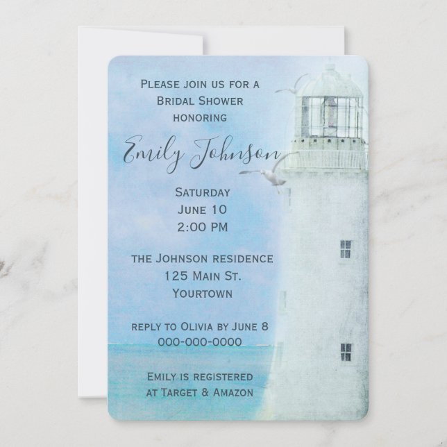 Wasserfarbe Weißer Leuchtturm und Möwen Einladung (Vorderseite)