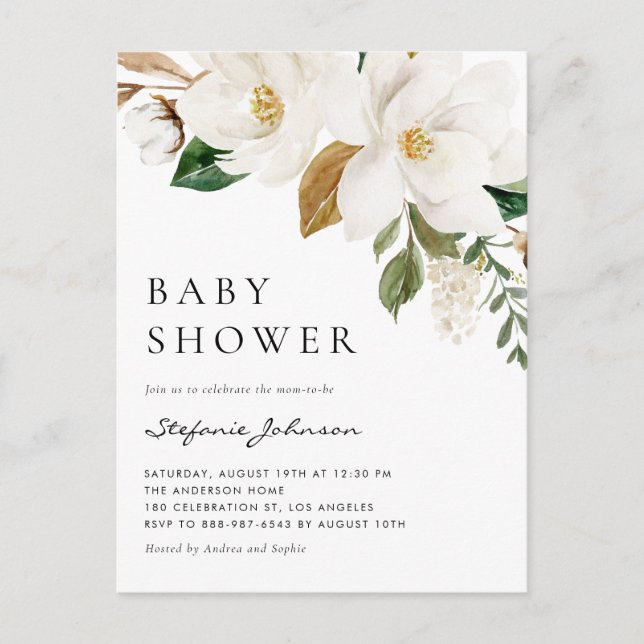 Wasserfarbe Weißer Magnolia Rustikale Babydusche Einladungspostkarte (Vorderseite)
