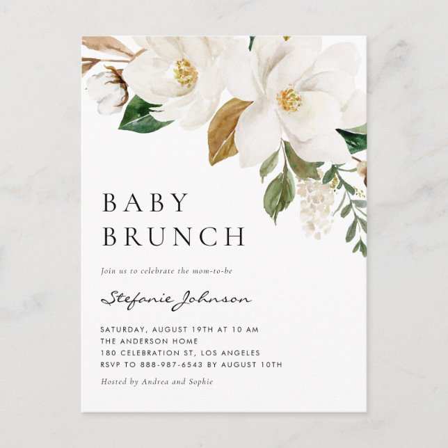 Wasserfarbe Weißer Magnolia Rustikales Baby Brunch Einladungspostkarte (Vorderseite)