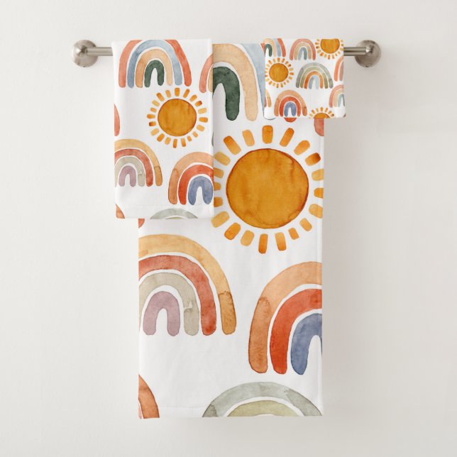 Wasserfarbe Whimsical Boho Rainbow and Sun Kids  Badhandtuch Set (Insitu)
