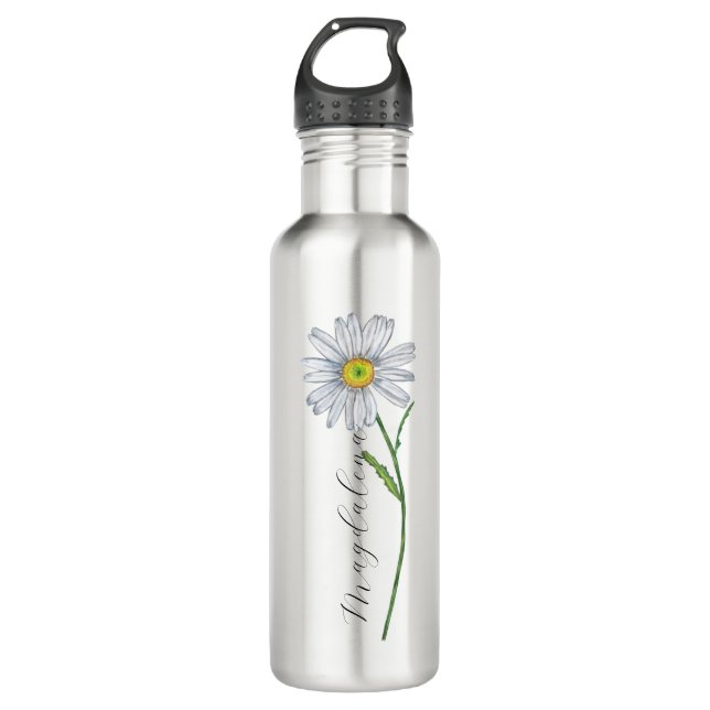 Wasserfarbe Wildblume Daisy Eleganter Skriptname Edelstahlflasche (Vorderseite)