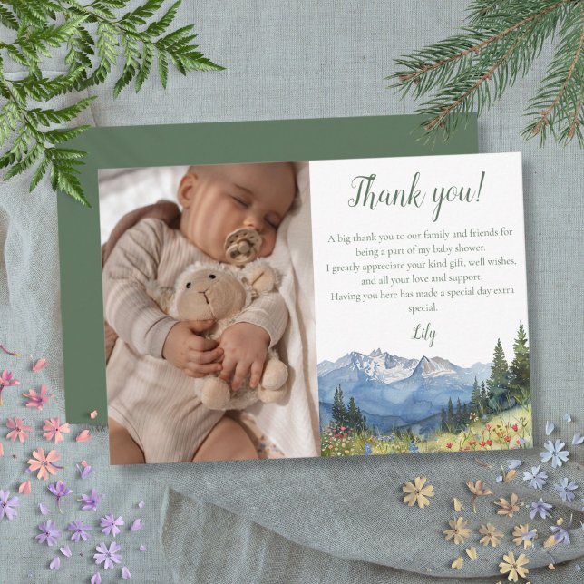 Wasserfarbe Wildblume Kinderdusche Foto Dankeskarte (Watercolor Mountain Wildflower Baby Shower Photo Thank You Card)