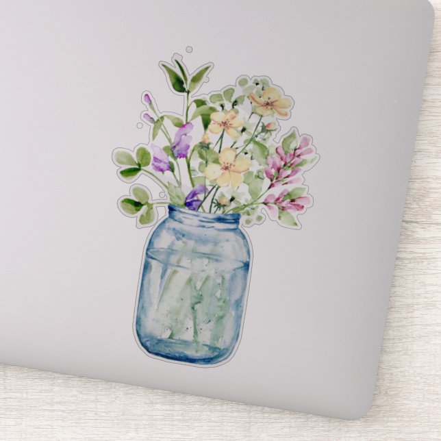 Wasserfarbe Wilde Blume Posy Bouquet Glass Jar Aufkleber (Detail)
