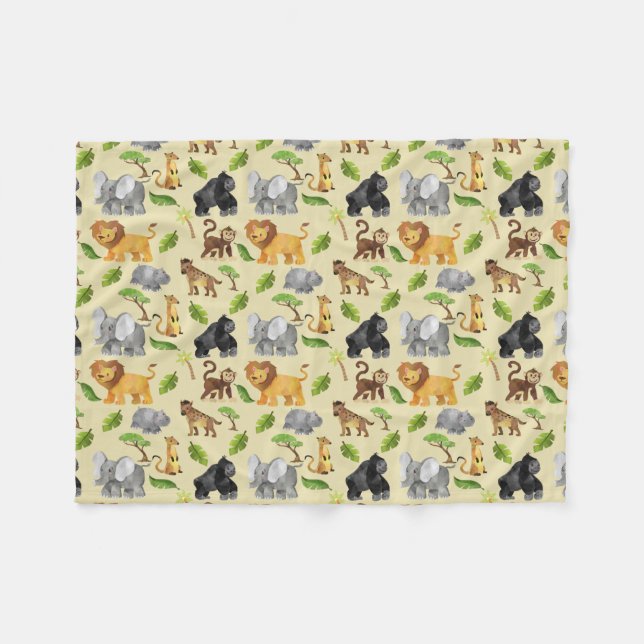 Wasserfarbe Wilde Tiersafari Jungle Muster Fleecedecke (Vorderseite (Horizontal))