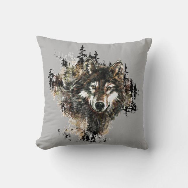 Wasserfarbe Wilde Wolf Bergsee-Zauber Kissen (Vorderseite)