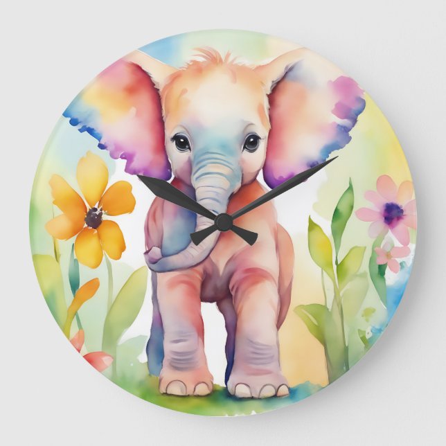 Wasserfarbe Wildtiere Elefant Große Wanduhr (Vorderseite)