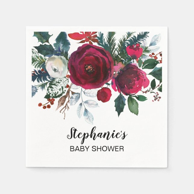 Wasserfarbe Winter Burgund Blume Kinderdusche Serviette (Vorderseite)