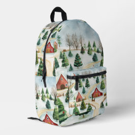 Wasserfarbe Winter Rustikale Landschaft mit Bäumen Bedruckter Rucksack