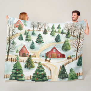 Wasserfarbe Winter Rustikale Landschaft mit Bäumen Fleecedecke
