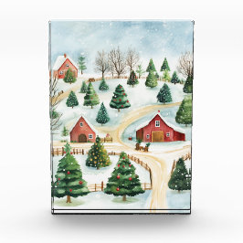 Wasserfarbe Winter Rustikale Landschaft mit Bäumen Fotoblock