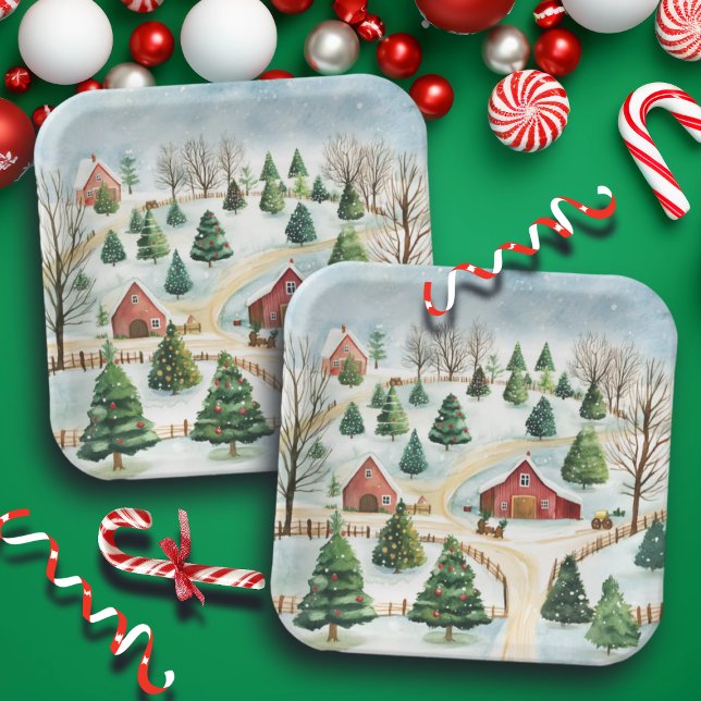 Wasserfarbe Winter Rustikale Landschaft mit Bäumen Pappteller (Von Creator hochgeladen)