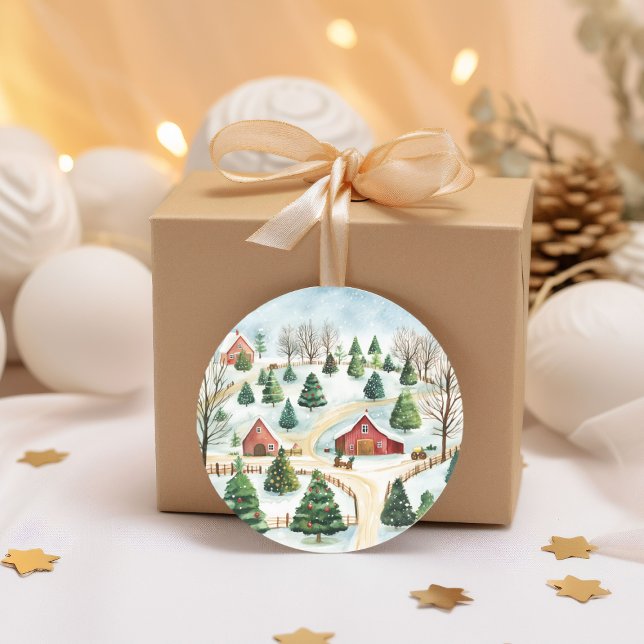 Wasserfarbe Winter Rustikale Landschaft mit Bäumen Runder Aufkleber (Von Creator hochgeladen)