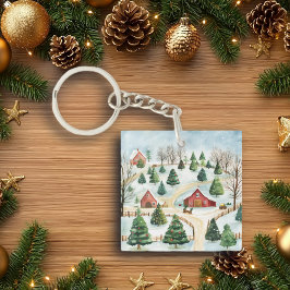 Wasserfarbe Winter Rustikale Landschaft mit Bäumen Schlüsselanhänger