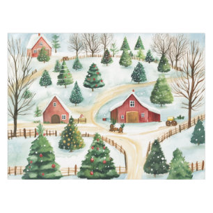 Wasserfarbe Winter Rustikale Landschaft mit Bäumen Tischdecke