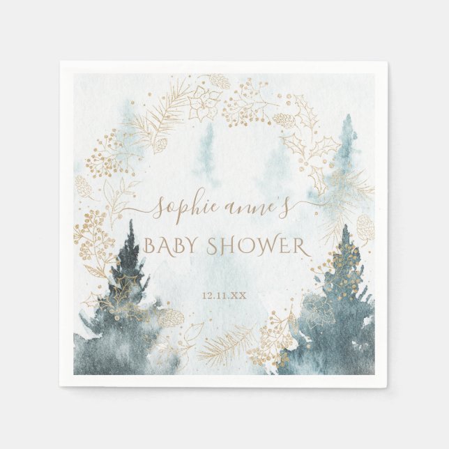 Wasserfarbe Winterlandschaft Gold Baby Dusche Serviette (Vorderseite)