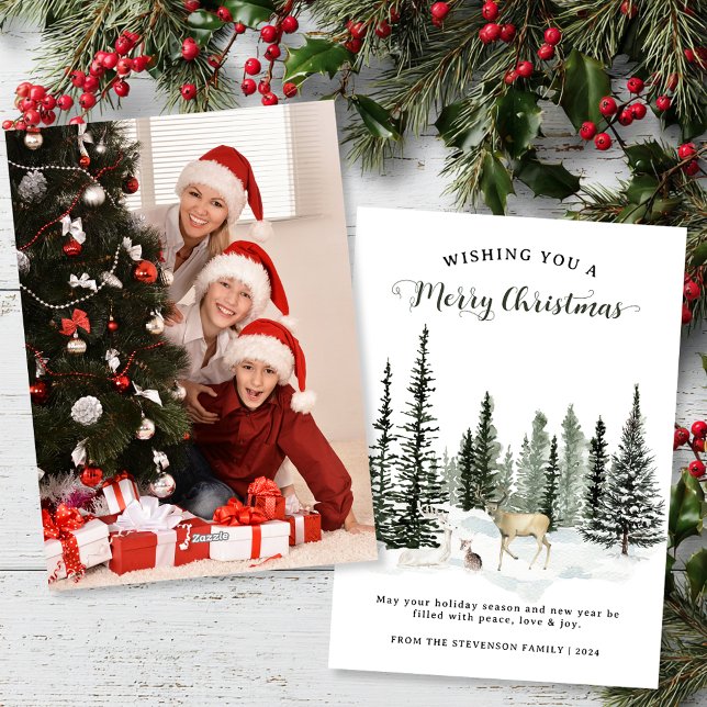 Wasserfarbe Woodland Frohe Weihnachten Foto (Watercolor Woodland Merry Christmas Photo Holiday Card)
