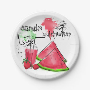 Wasserfarbe zeichn von Wassermelonen und Erdbeeren Pappteller