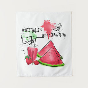 Wasserfarbe zeichn von Wassermelonen und Erdbeeren Wandteppich