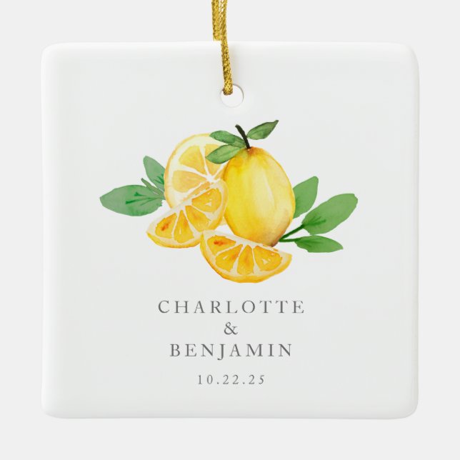 Wasserfarbe Zitronenfrucht Personalisierte Hochzei Keramikornament (Vorderseite)