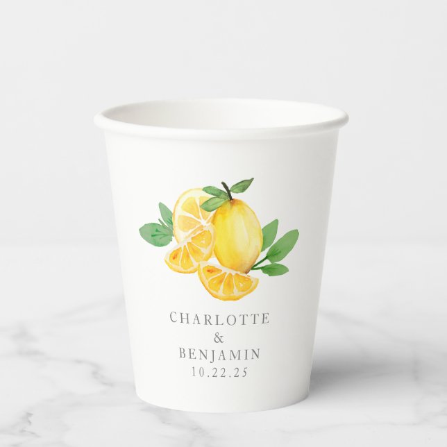 Wasserfarbe Zitronenfrucht Personalisierte Hochzei Pappbecher (Vorderseite)