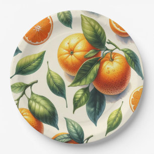 Wasserfarbe Zitrus Orange Blätter Hochzeit Pappteller