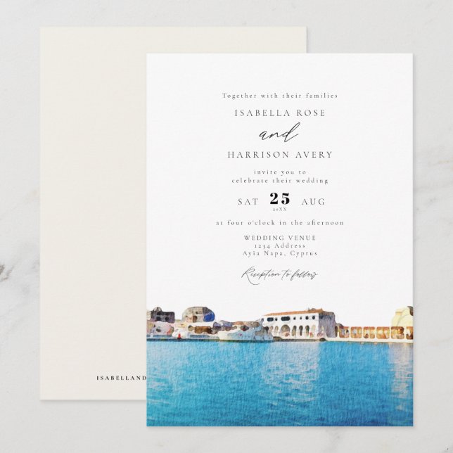 Wasserfarbe Zypern Skyline Beach Hochzeit Einladung (Vorne/Hinten)