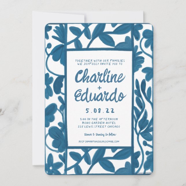 WasserfarbeBlue Floral Handschrift Moderne Hochzei Einladung (Vorderseite)
