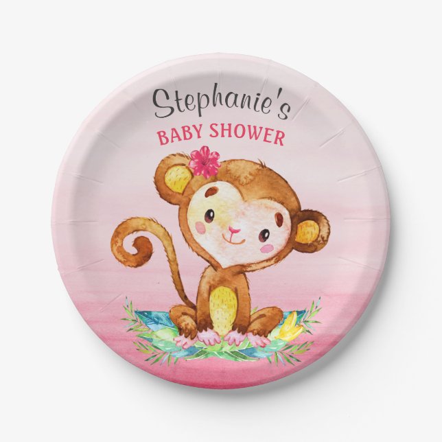 Wasserfarben-Affen-Girl-Babydusche Pappteller (Vorderseite)