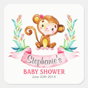 Wasserfarben-Affen-Girl-Babydusche Quadratischer Aufkleber