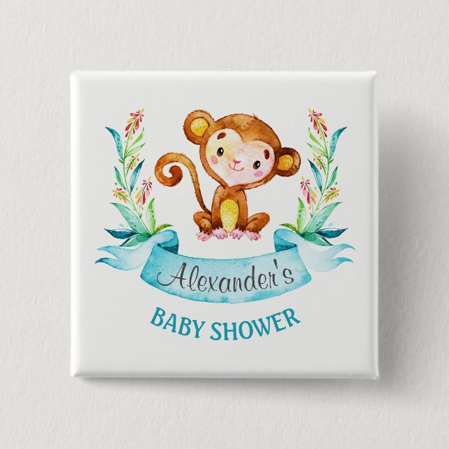 Wasserfarben-Affenjunge Babydusche Button (Vorderseite)