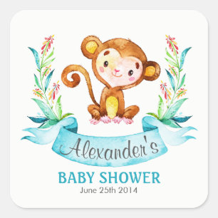 Wasserfarben-Affenjunge Babydusche Quadratischer Aufkleber