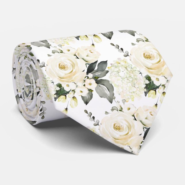 Wasserfarben Alabaster Rose Peongeas Hydrangeas Ne Krawatte (Gerollt)