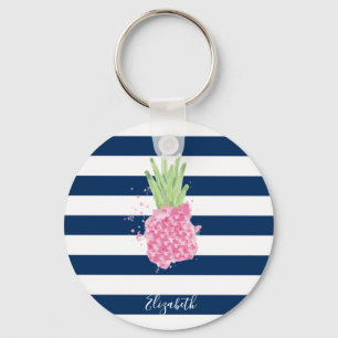 Wasserfarben-Ananas Tropisch ,Navy Blau Gestreift  Schlüsselanhänger