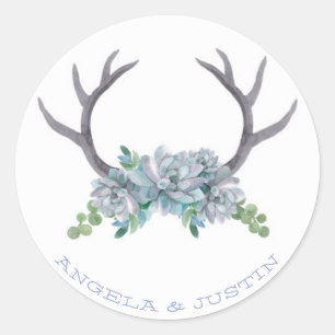 Wasserfarben-Antler und Echeveria-Hochzeit Runder Aufkleber