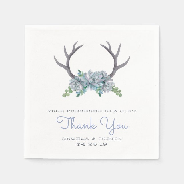 Wasserfarben-Antler und Echeveria-Hochzeit Serviette (Vorderseite)