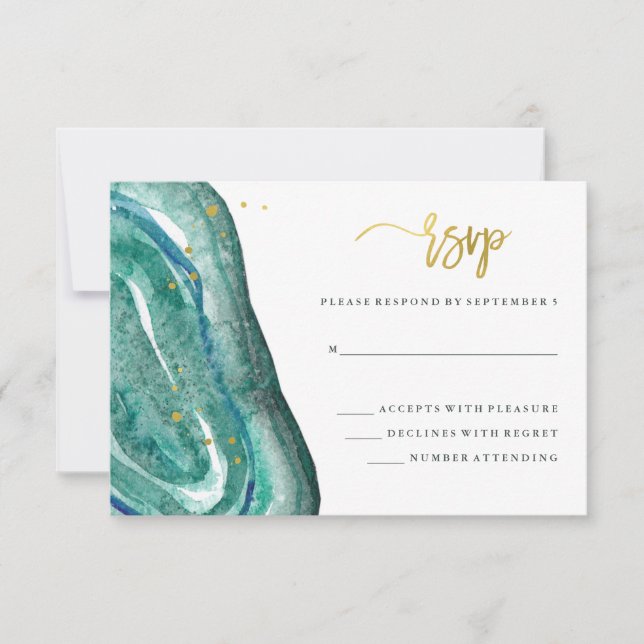 Wasserfarben Aquamarin Geode und Imitate Gold Wedd RSVP Karte (Vorderseite)